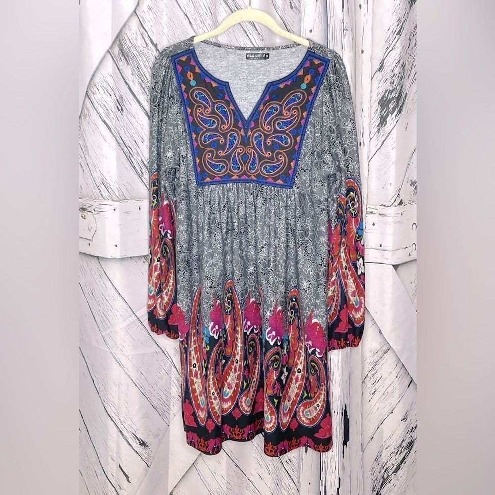 White Mark Knit Dress Embroidered Boho Paisley L
